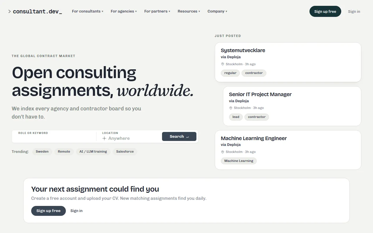 Skärmdump av consultant.dev med aktuella konsultuppdrag